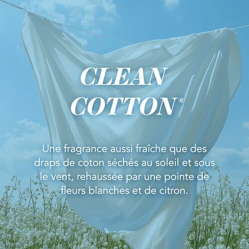 Draps de coton blanc séchant au soleil avec texte sur une fragrance.