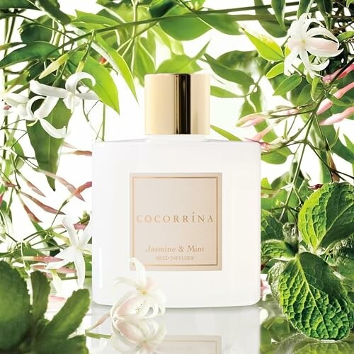 Diffuseur de parfum Cocorrina avec jasmin et menthe entouré de végétation.