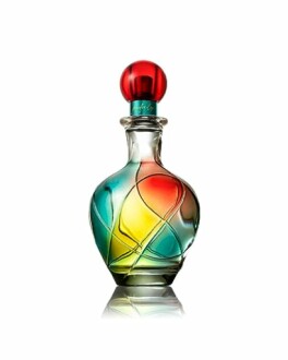 Bouteille de parfum colorée avec bouchon rouge.