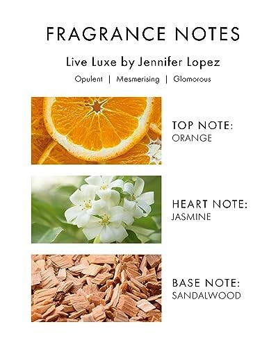 Notes de parfum avec orange, jasmin, et bois de santal.