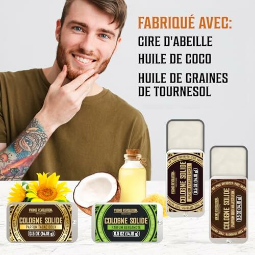 Homme souriant avec cologne solide et ingrédients naturels.