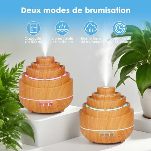 Deux humidificateurs en bois avec options de brumisation.