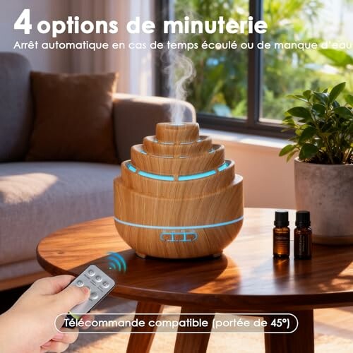 Diffuseur d'arômes en bois avec télécommande sur une table.