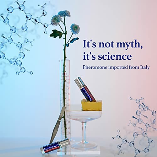 Deux flacons de parfum avec des molécules et une fleur.