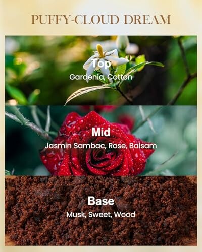 Notes de parfum avec gardenia, jasmin, rose et musc.