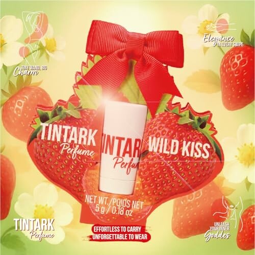 Parfum Tintark avec design de fraises et nœud rouge.